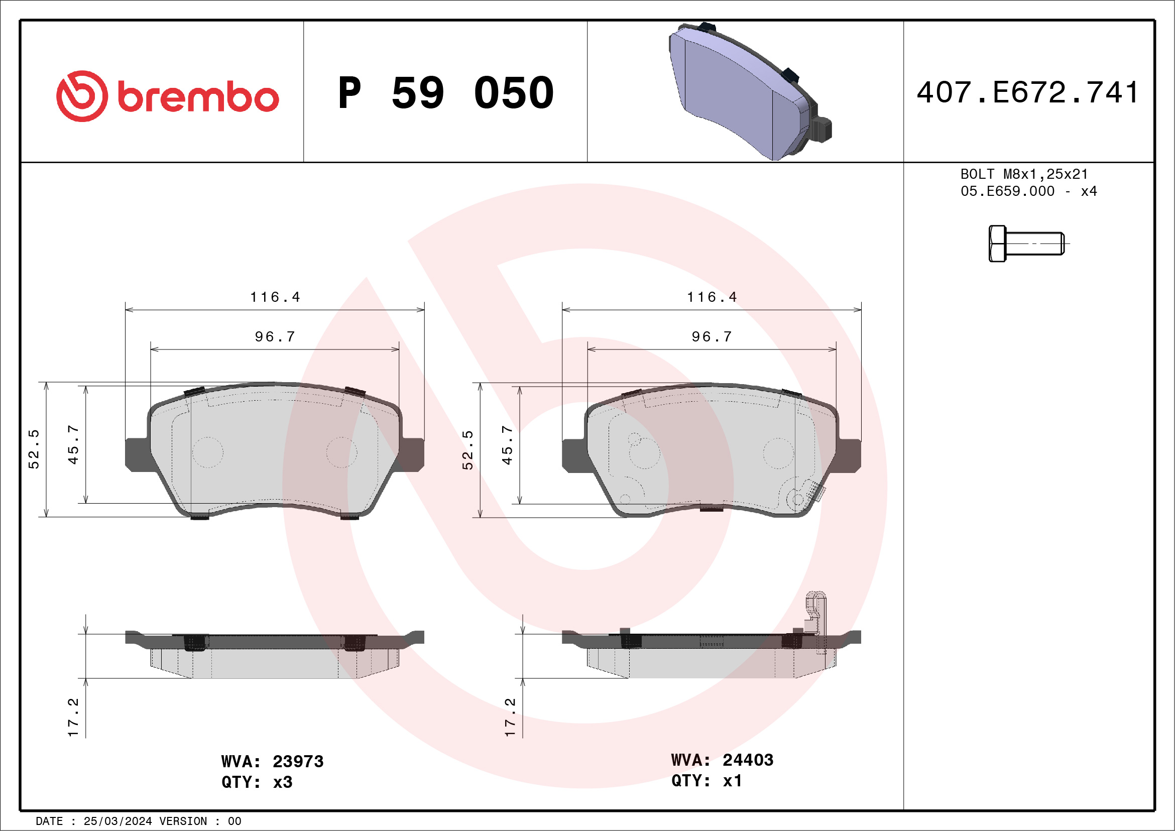 Jogo de 4 pastilhas de travão BREMBO ref. P 59 050