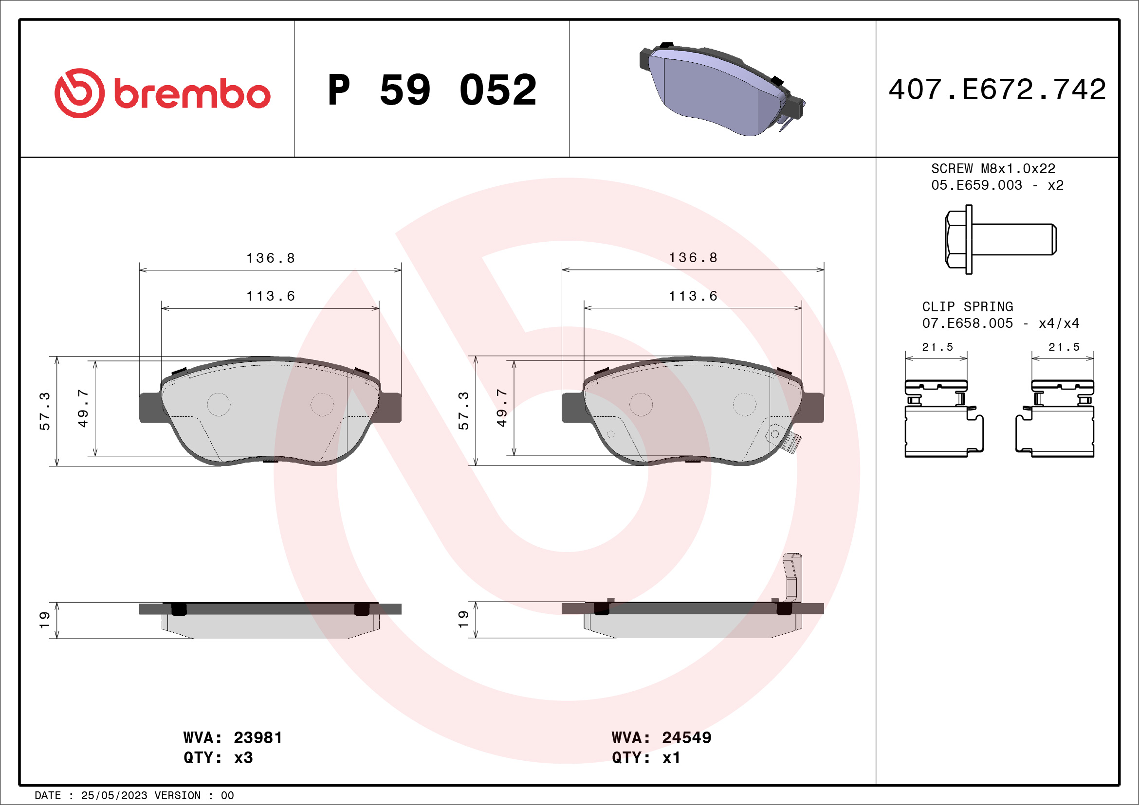 Jogo de 4 pastilhas de travão BREMBO ref. P 59 052