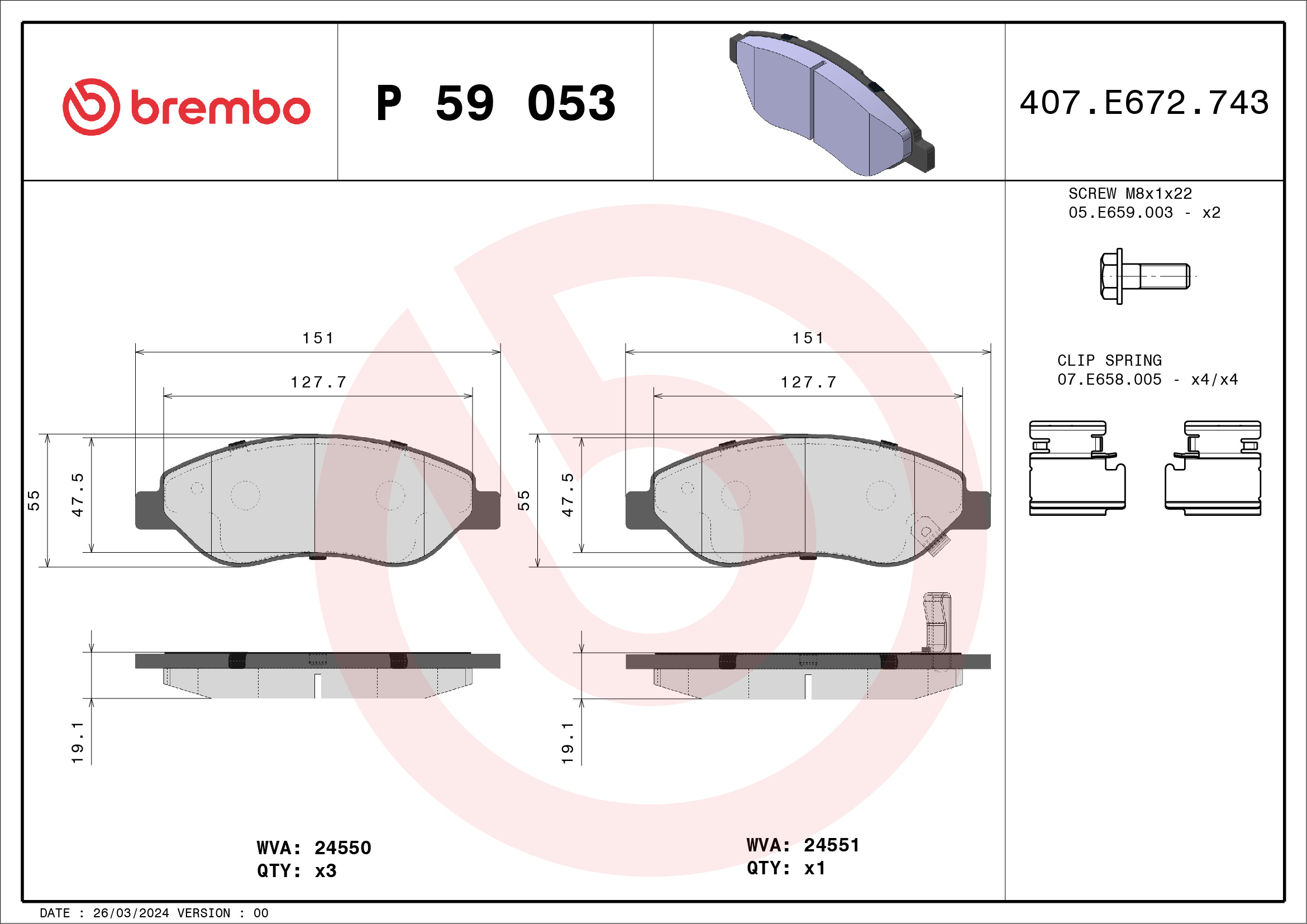 Jogo de 4 pastilhas de travão BREMBO ref. P 59 053