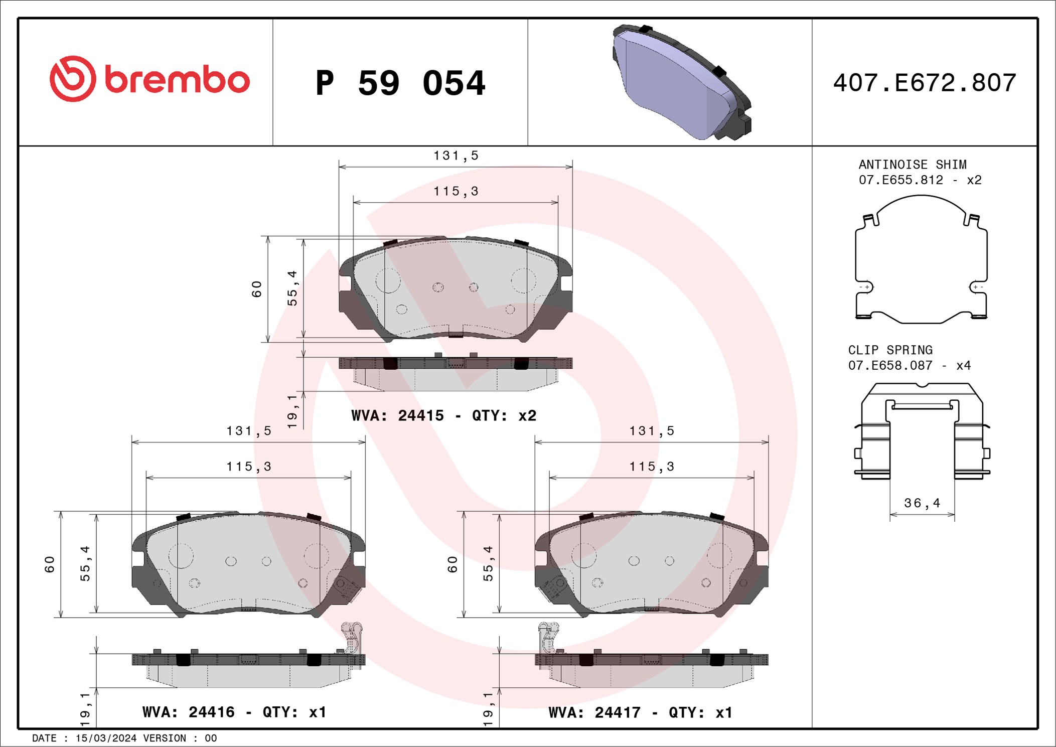 Jeu de 4 plaquettes de frein BREMBO ref. P 59 054