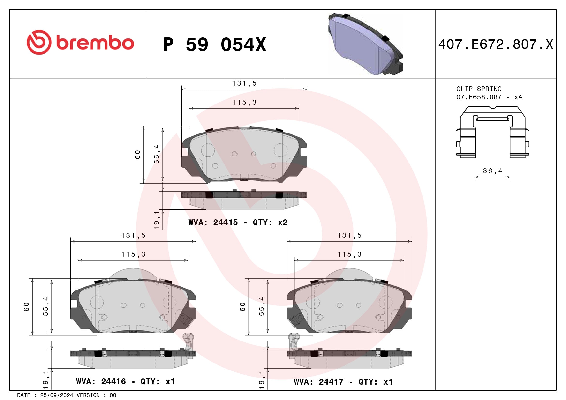 Jogo de 4 pastilhas de travão BREMBO ref. P 59 054X