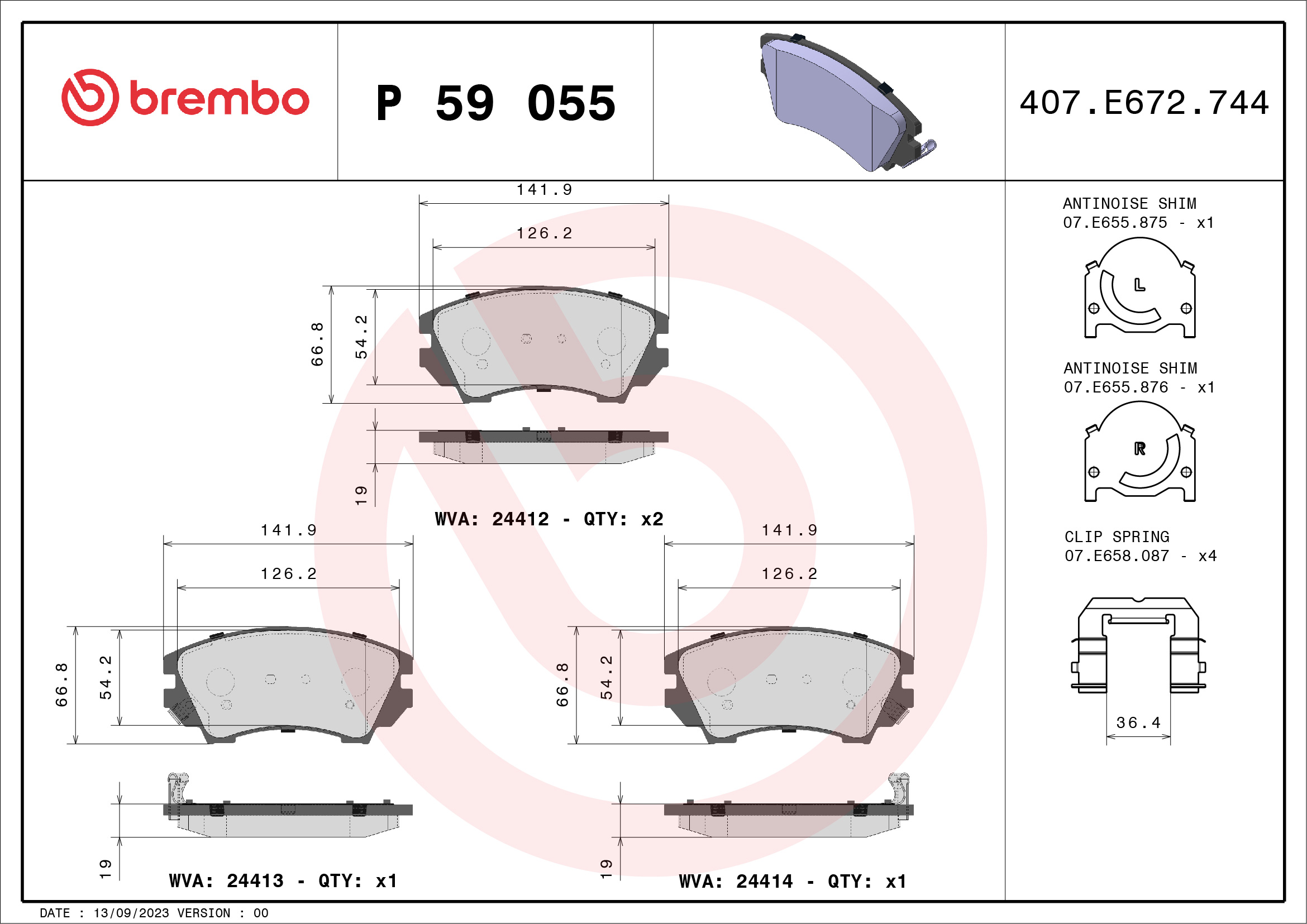 Jeu de 4 plaquettes de frein BREMBO ref. P 59 055