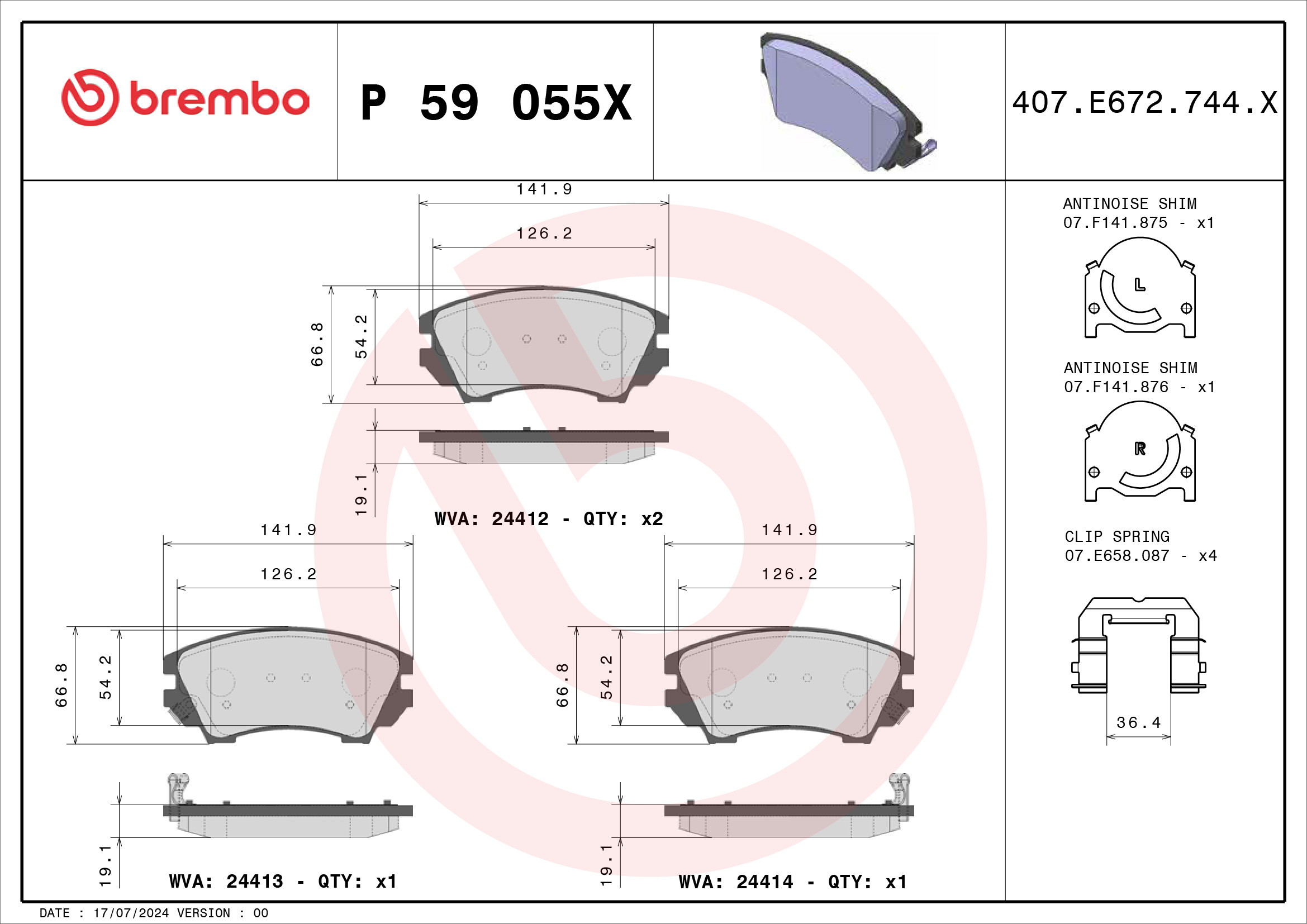 Jogo de 4 pastilhas de travão BREMBO ref. P 59 055X