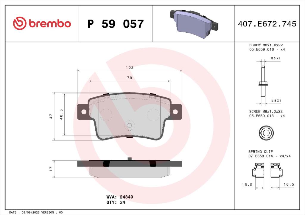 Jogo de 4 pastilhas de travão BREMBO ref. P 59 057