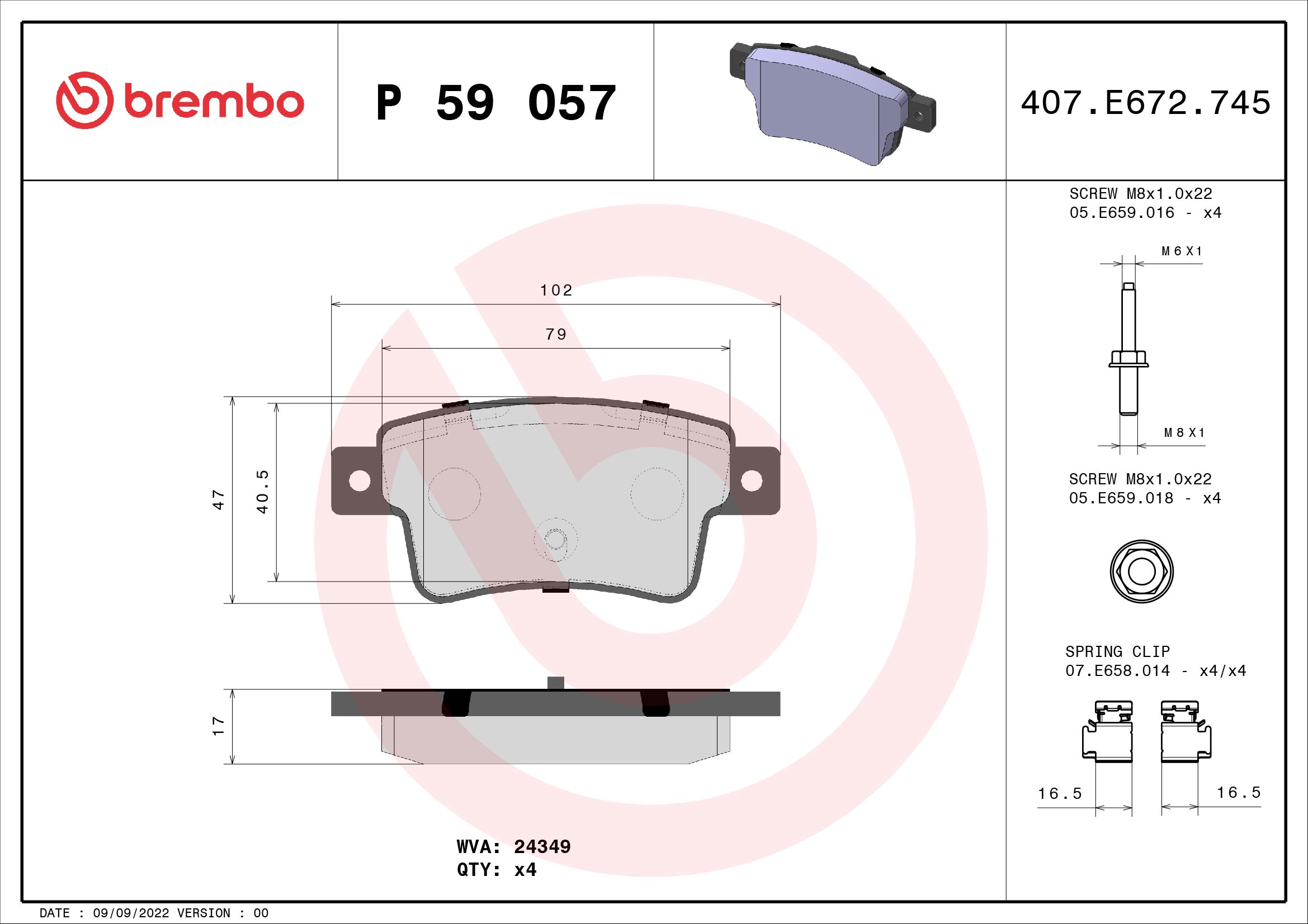 Jogo de 4 pastilhas de travão BREMBO ref. P 59 057
