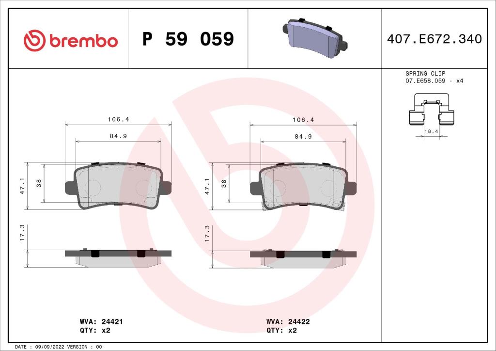 Jeu de 4 plaquettes de frein BREMBO ref. P 59 059