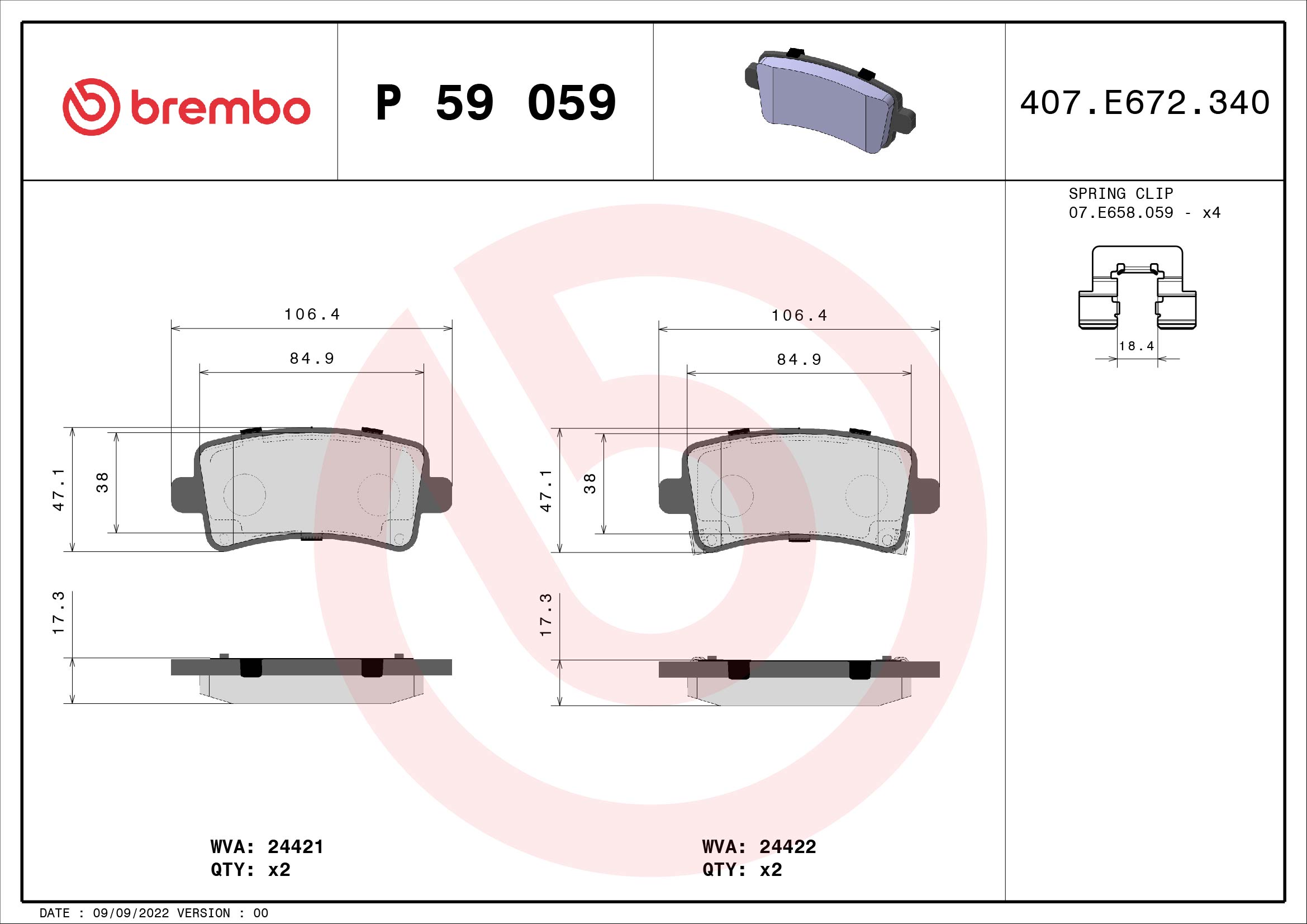 Jeu de 4 plaquettes de frein BREMBO ref. P 59 059