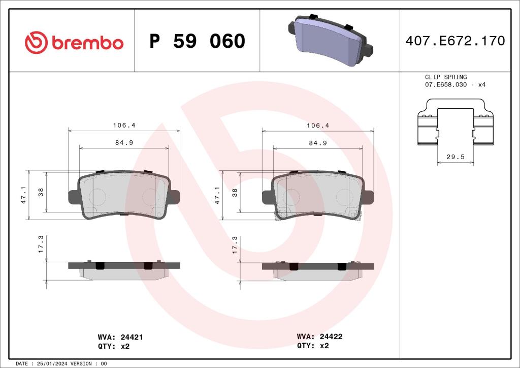 Jeu de 4 plaquettes de frein BREMBO ref. P 59 060