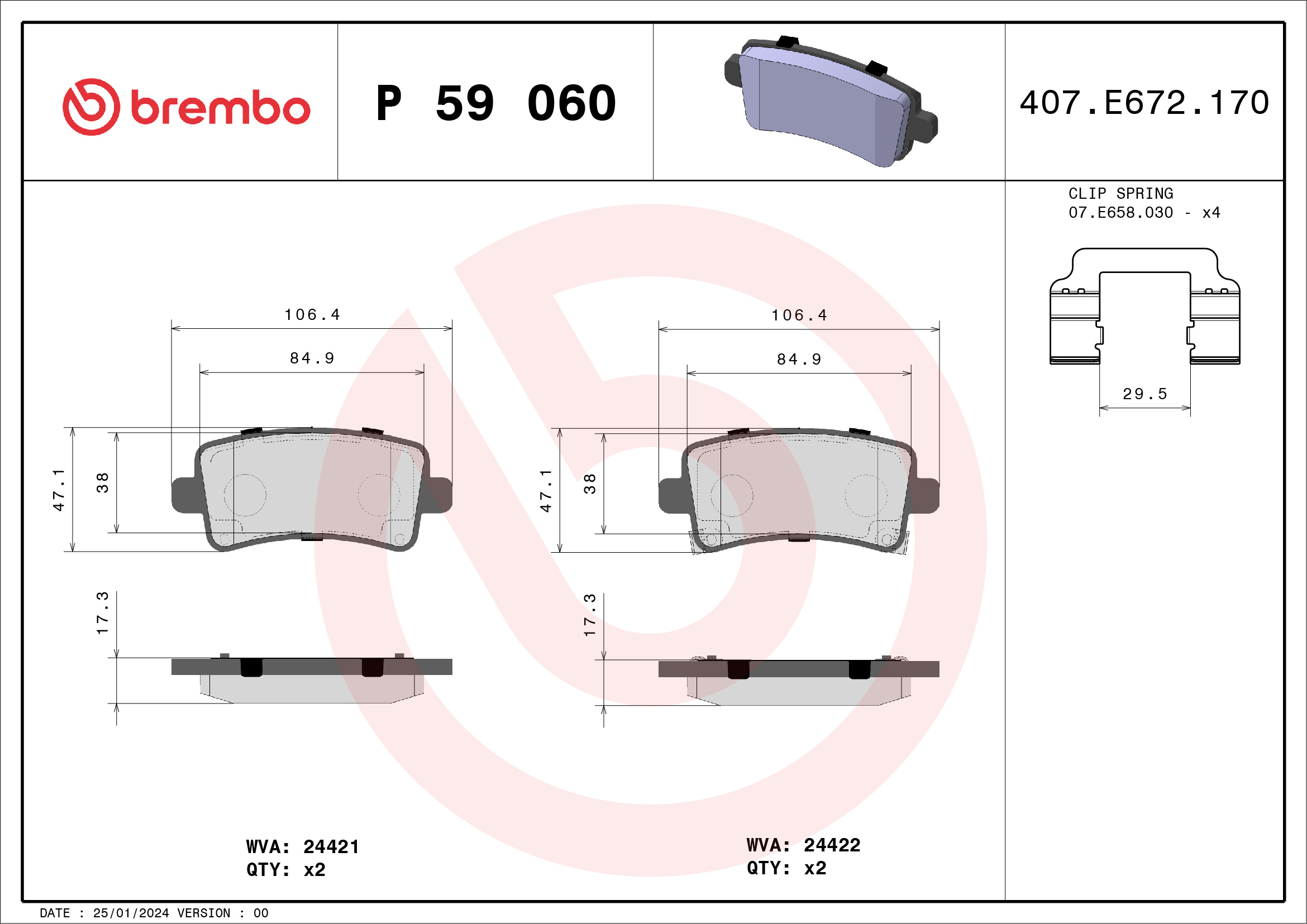 Jeu de 4 plaquettes de frein BREMBO ref. P 59 060
