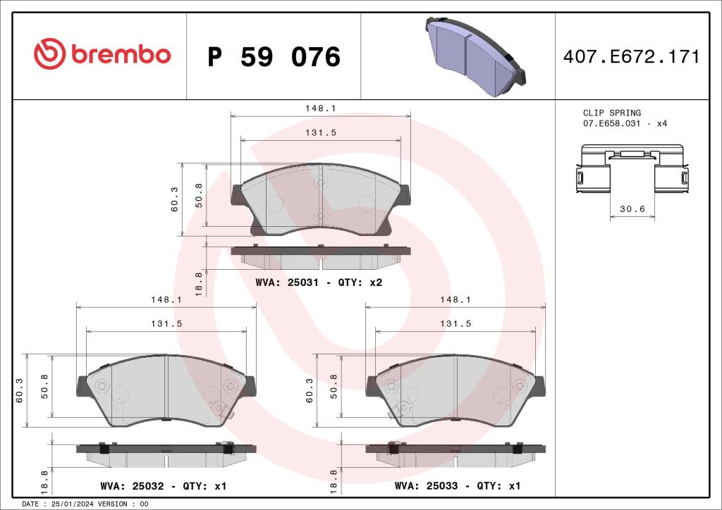 Jogo de 4 pastilhas de travão BREMBO ref. P 59 076