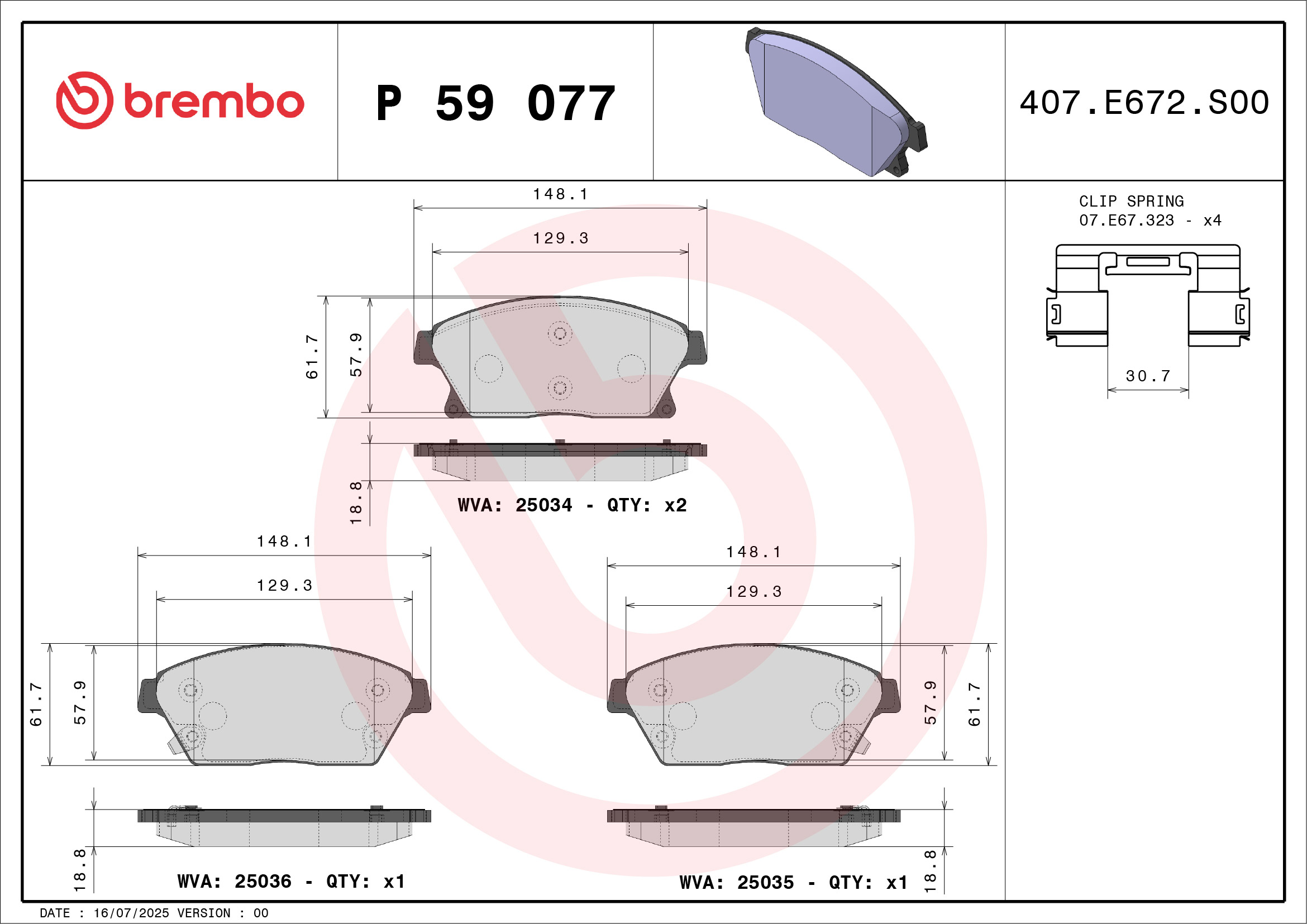 Jeu de 4 plaquettes de frein BREMBO ref. P 59 077