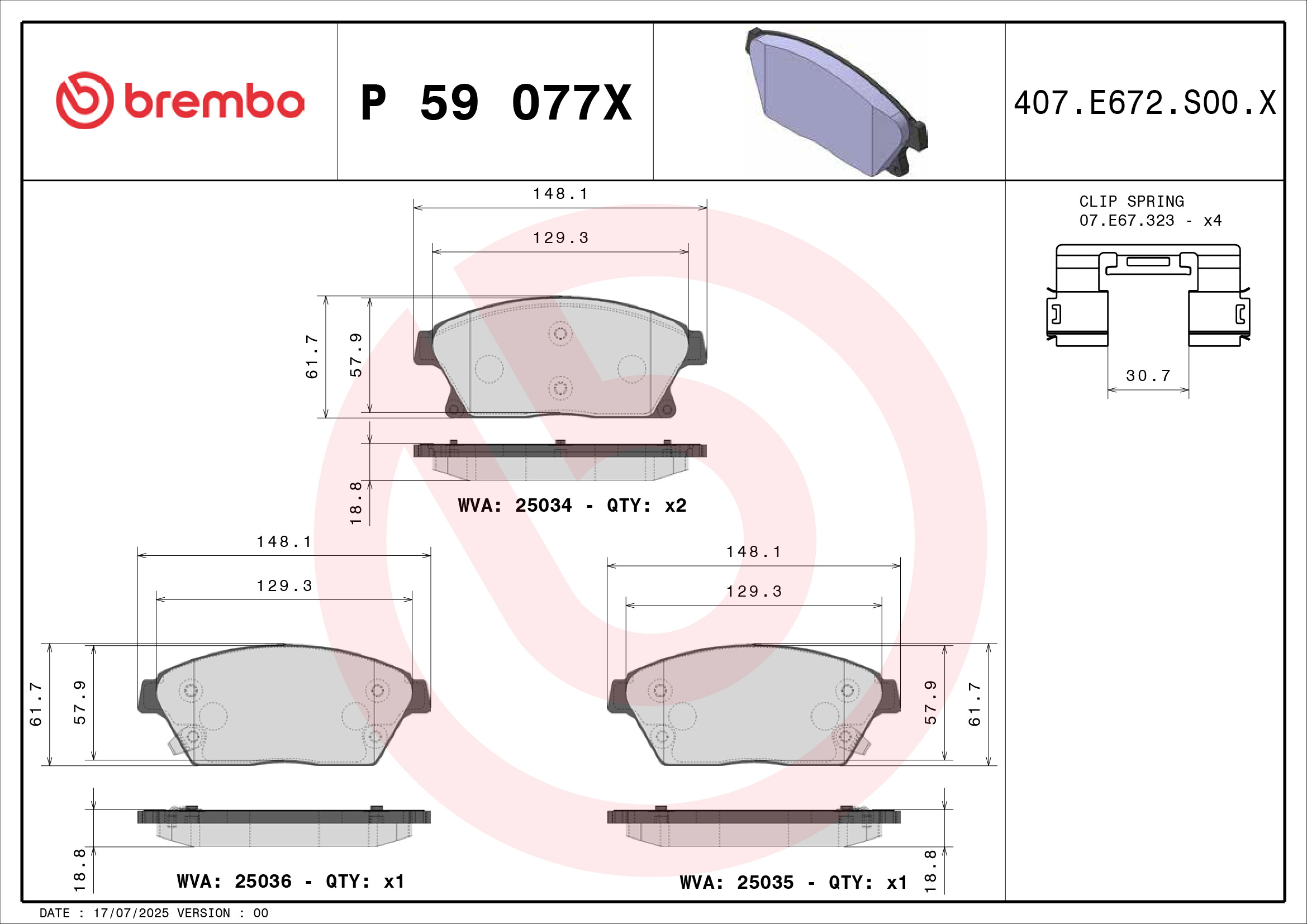 Jogo de 4 pastilhas de travão BREMBO ref. P 59 077X