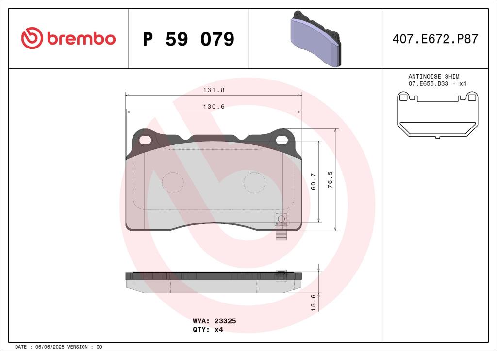 Jogo de 4 pastilhas de travão BREMBO ref. P 59 079