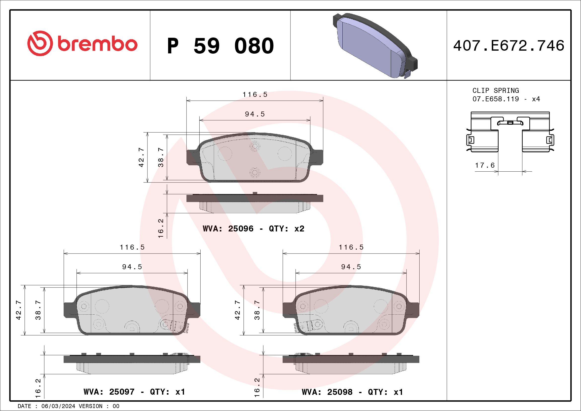 Jeu de 4 plaquettes de frein BREMBO ref. P 59 080