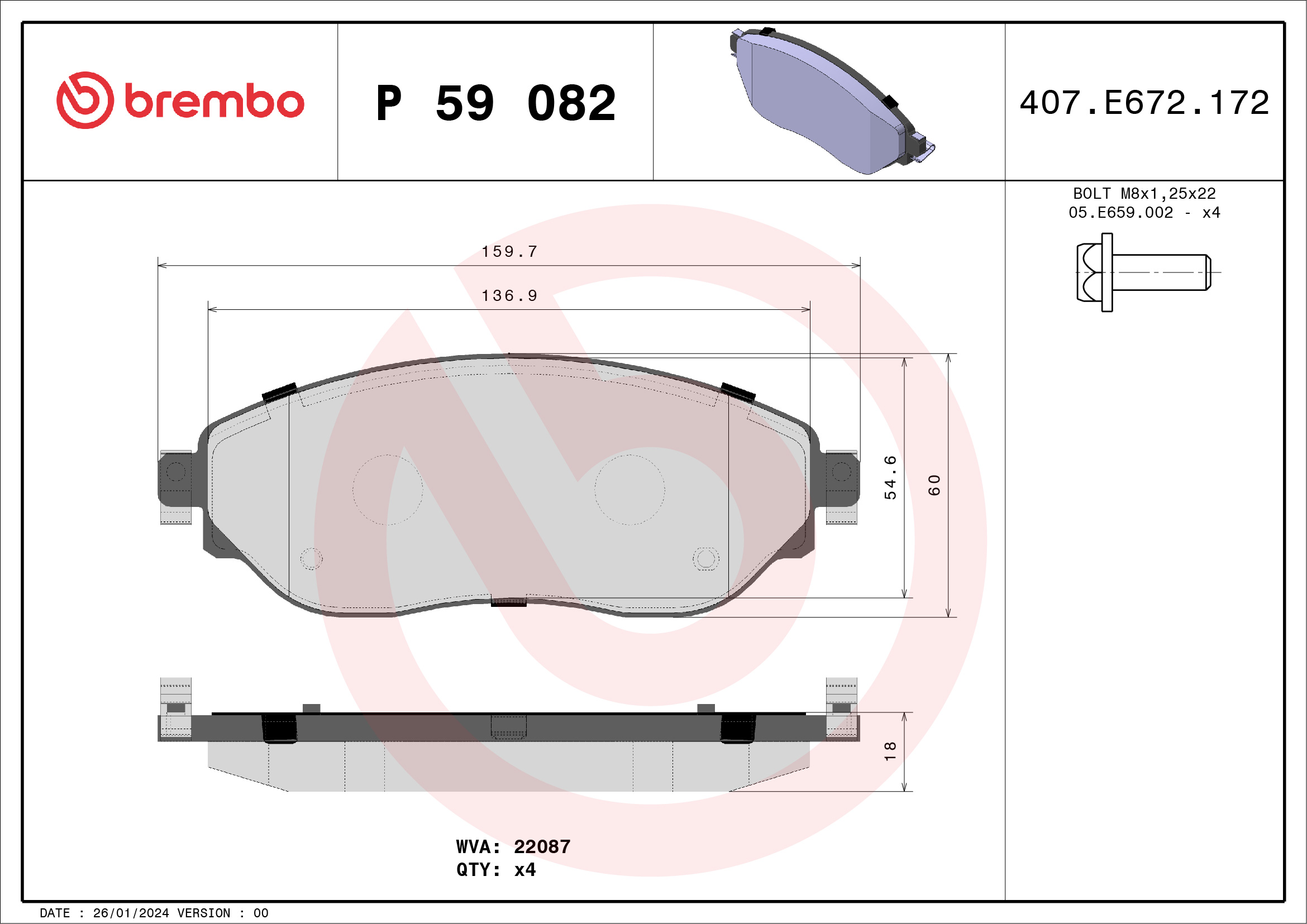 Jeu de 4 plaquettes de frein BREMBO ref. P 59 082