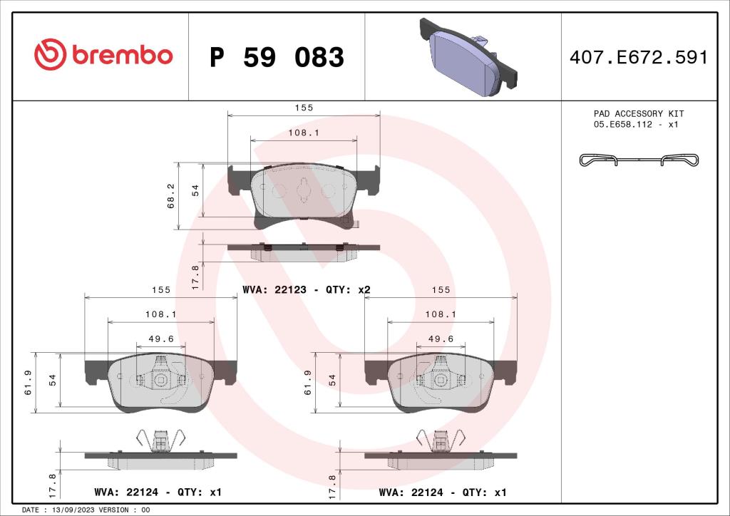 Jogo de 4 pastilhas de travão BREMBO ref. P 59 083