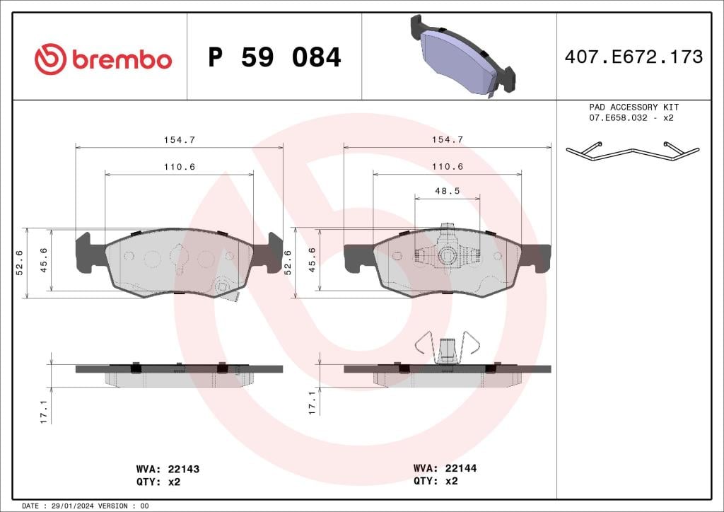 Jogo de 4 pastilhas de travão BREMBO ref. P 59 084