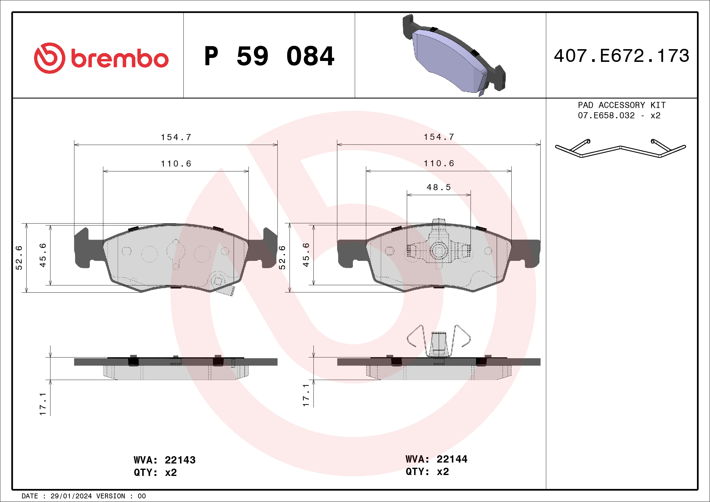 Jogo de 4 pastilhas de travão BREMBO ref. P 59 084