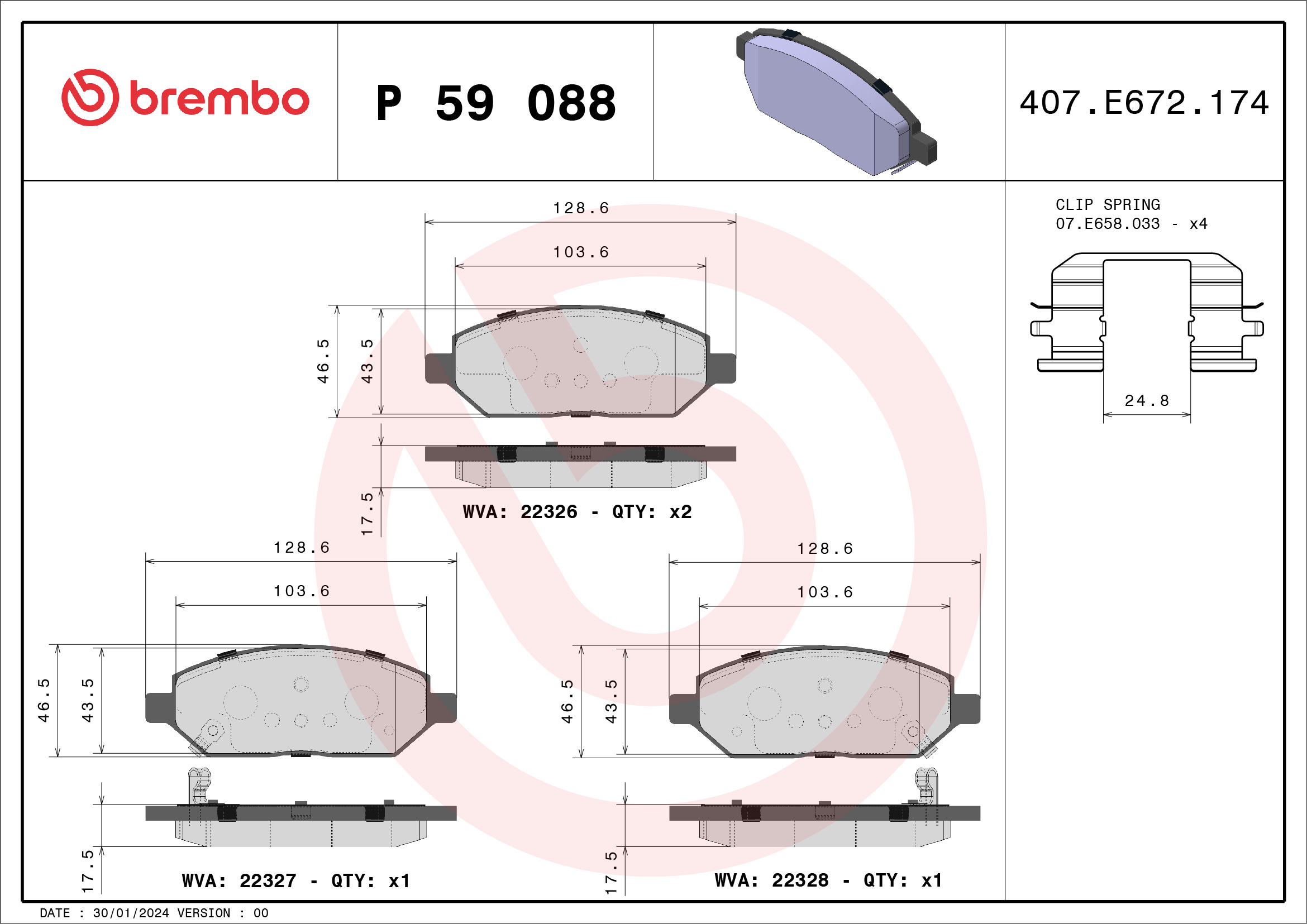 Jeu de 4 plaquettes de frein BREMBO ref. P 59 088