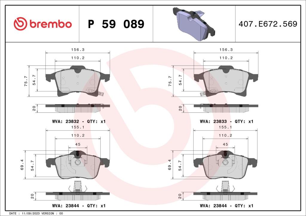 Jeu de 4 plaquettes de frein BREMBO ref. P 59 089