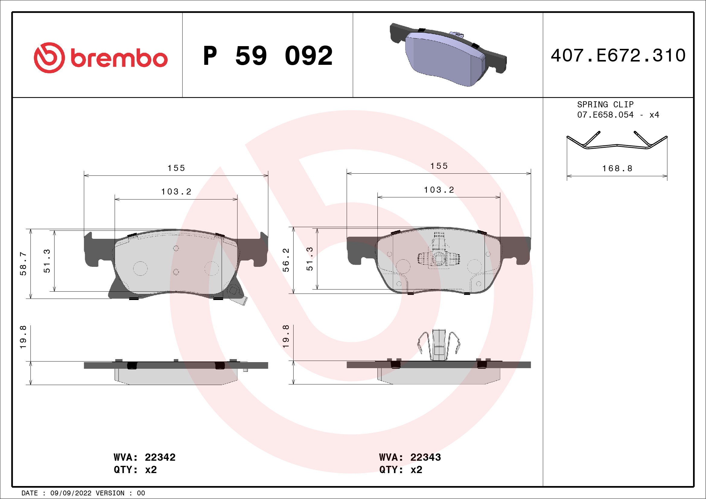 Jeu de 4 plaquettes de frein BREMBO ref. P 59 092