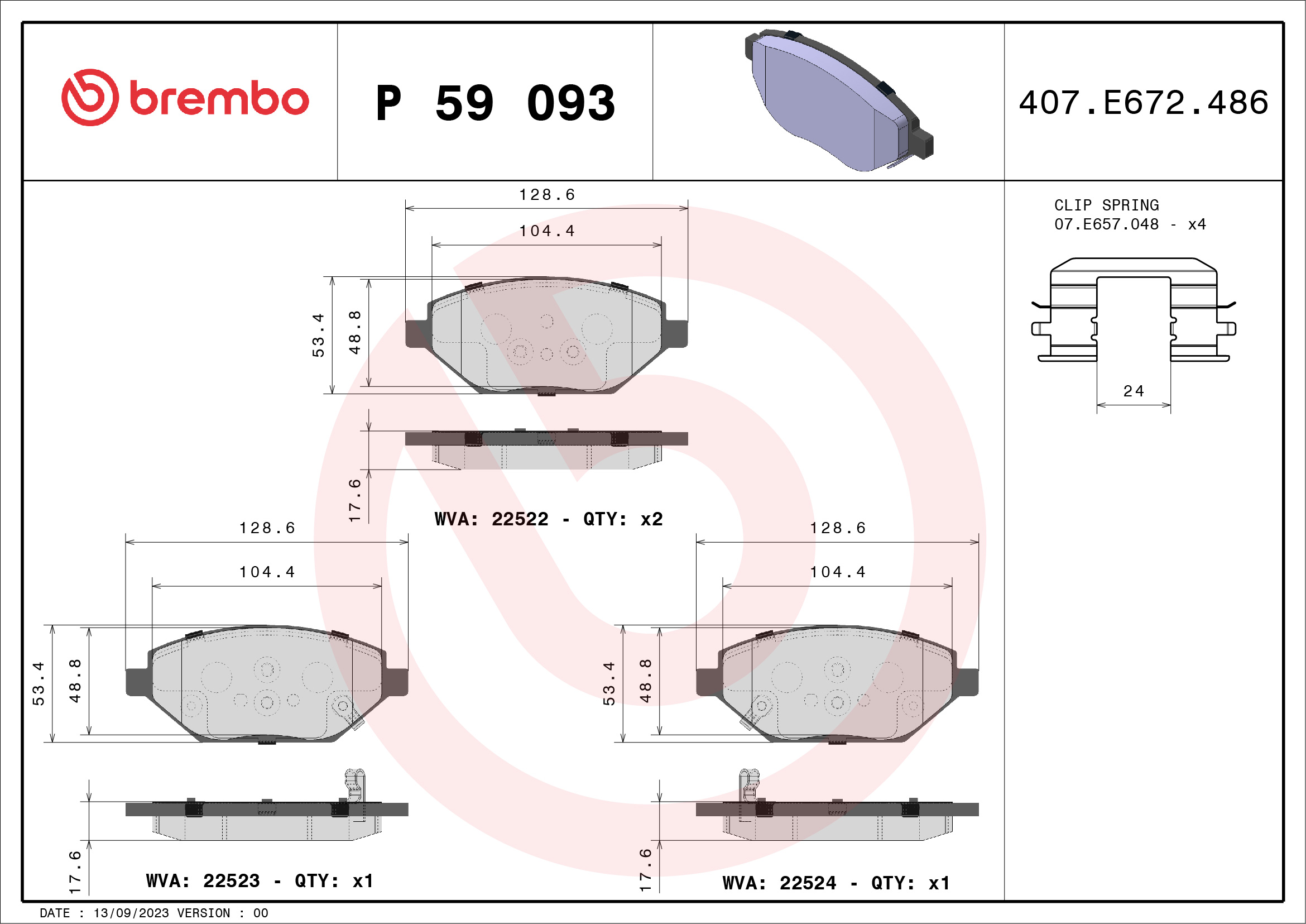 Jeu de 4 plaquettes de frein BREMBO ref. P 59 093