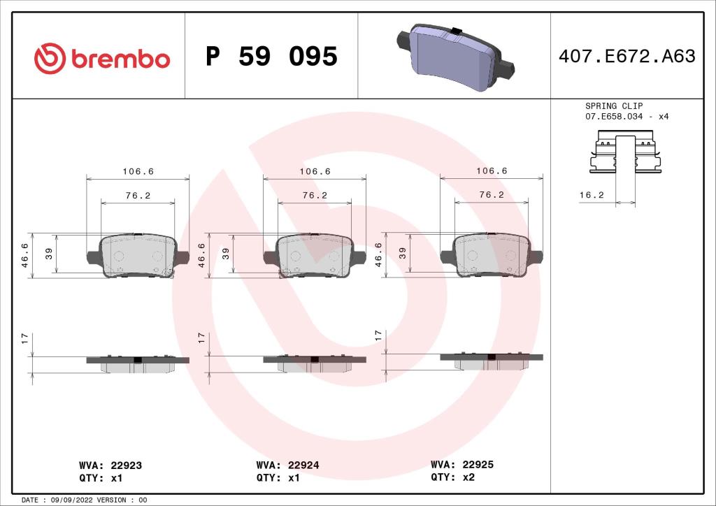 Jogo de 4 pastilhas de travão BREMBO ref. P 59 095