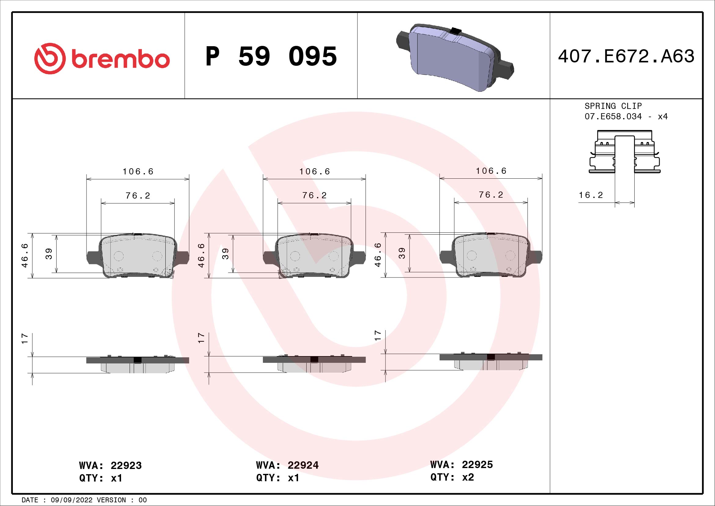 Jogo de 4 pastilhas de travão BREMBO ref. P 59 095