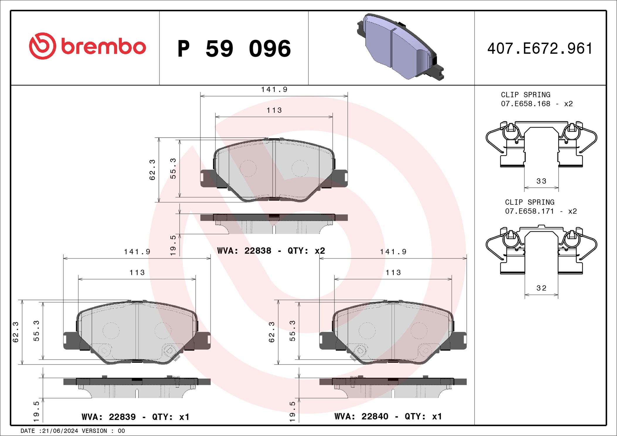 Jogo de 4 pastilhas de travão BREMBO ref. P 59 096
