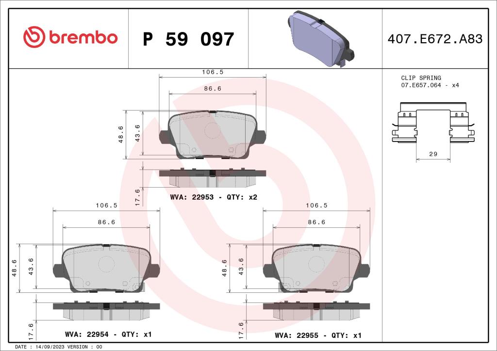 Jogo de 4 pastilhas de travão BREMBO ref. P 59 097