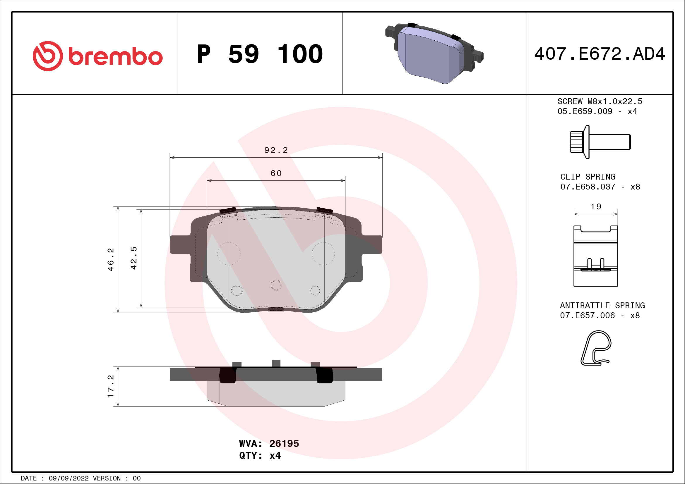 Jeu de 4 plaquettes de frein BREMBO ref. P 59 100