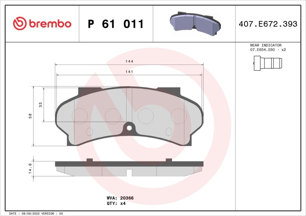 Jogo de 4 pastilhas de travão BREMBO ref. P 61 011