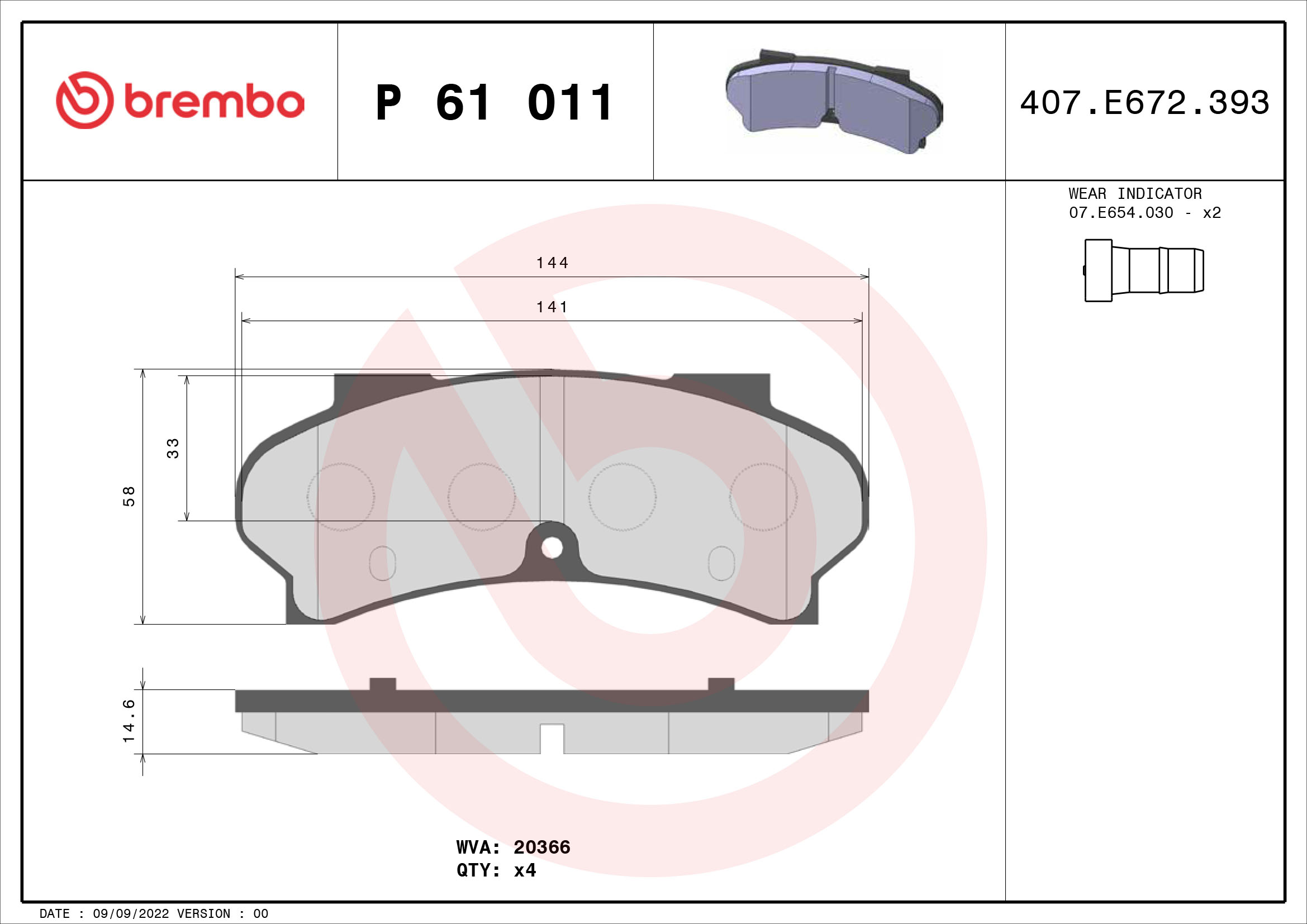 Jogo de 4 pastilhas de travão BREMBO ref. P 61 011