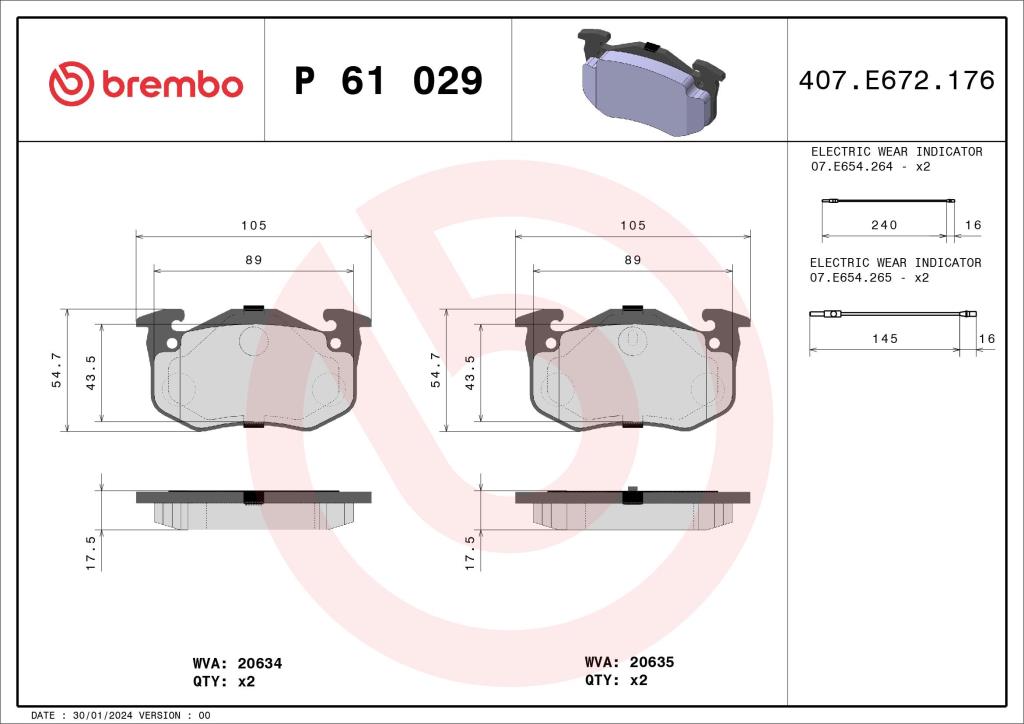 Jogo de 4 pastilhas de travão BREMBO ref. P 61 029