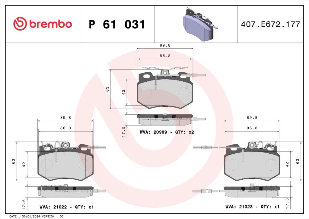 Jogo de 4 pastilhas de travão BREMBO ref. P 61 031