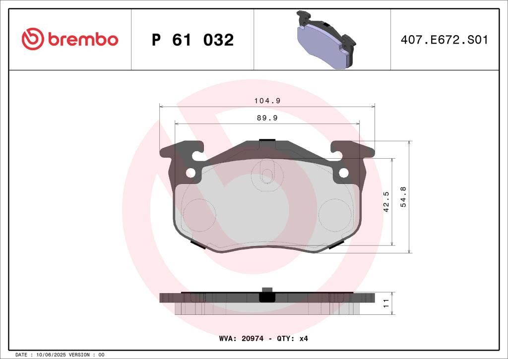 Jeu de 4 plaquettes de frein BREMBO ref. P 61 032