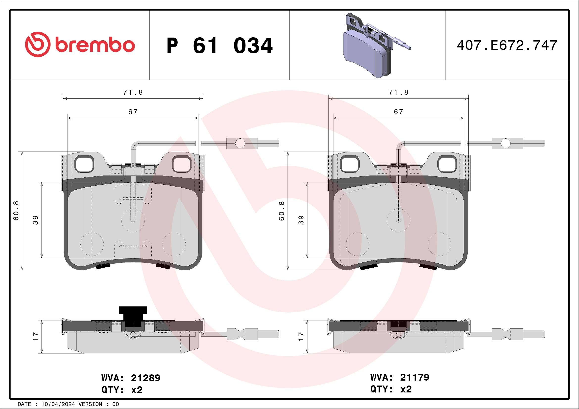 Jeu de 4 plaquettes de frein BREMBO ref. P 61 034