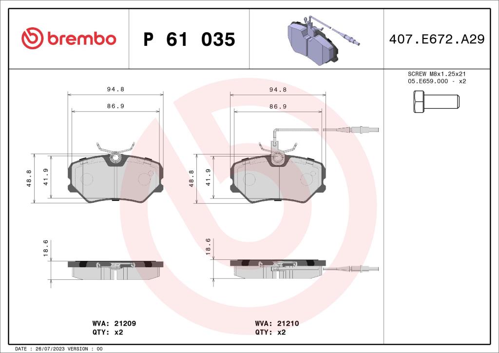 Jogo de 4 pastilhas de travão BREMBO ref. P 61 035