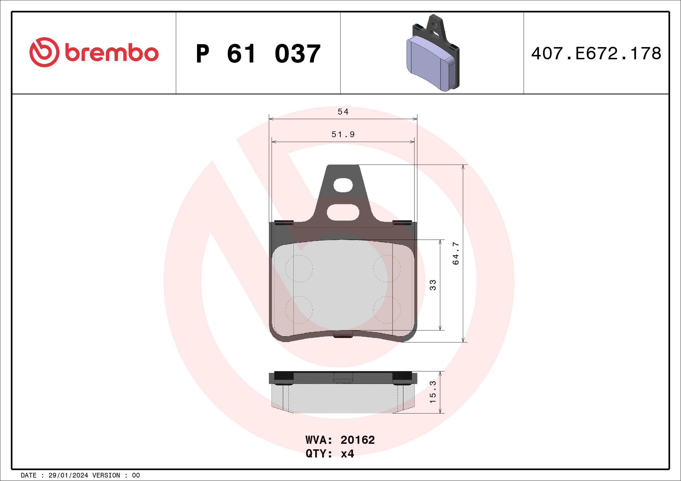 Jogo de 4 pastilhas de travão BREMBO ref. P 61 037