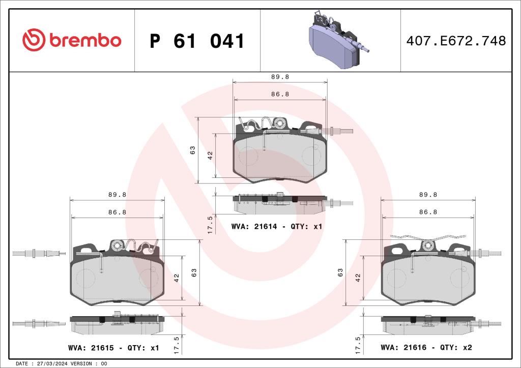 Jogo de 4 pastilhas de travão BREMBO ref. P 61 041