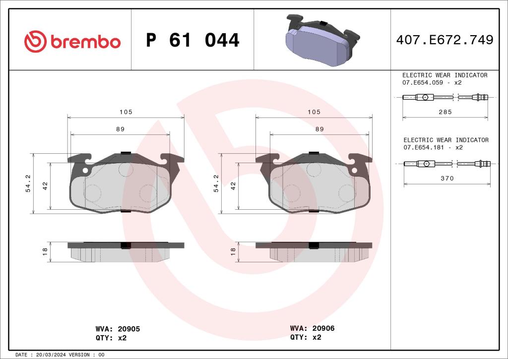 Jeu de 4 plaquettes de frein BREMBO ref. P 61 044
