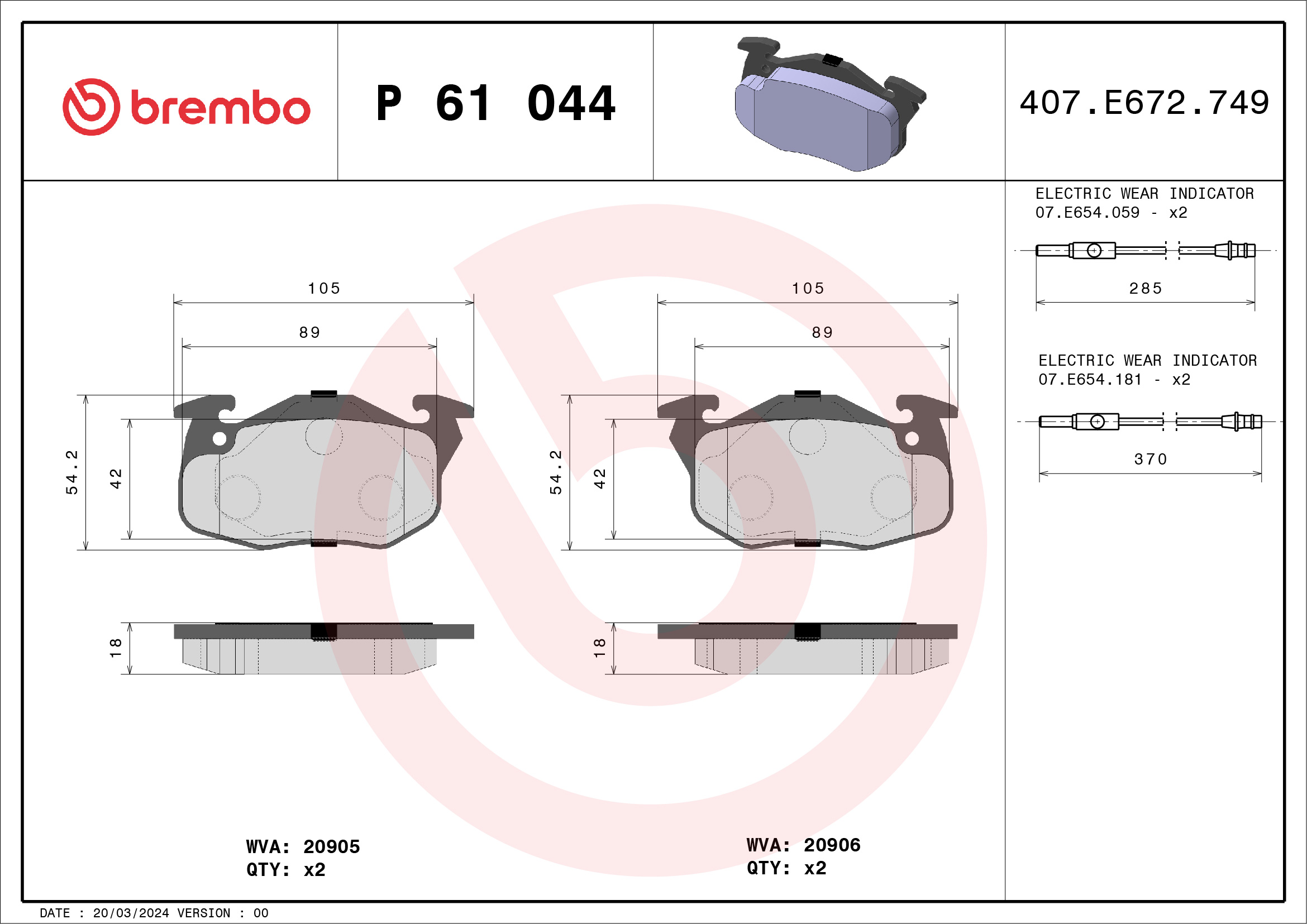 Jeu de 4 plaquettes de frein BREMBO ref. P 61 044