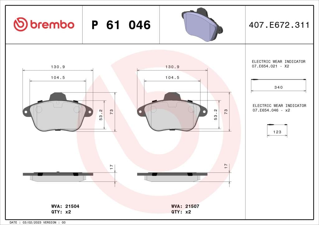 Jogo de 4 pastilhas de travão BREMBO ref. P 61 046