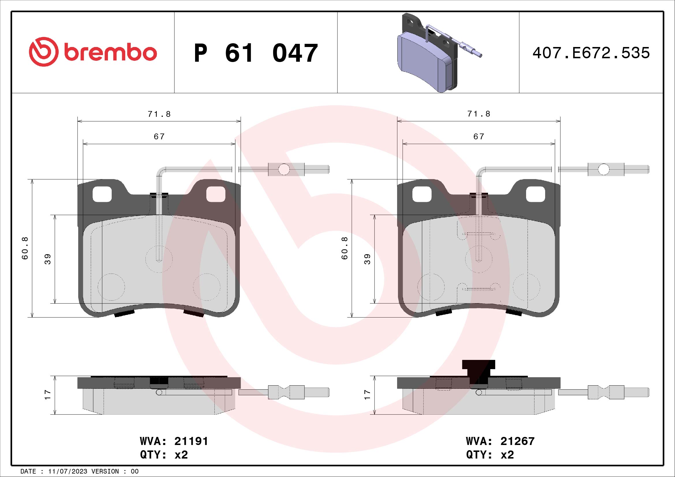 Jogo de 4 pastilhas de travão BREMBO ref. P 61 047