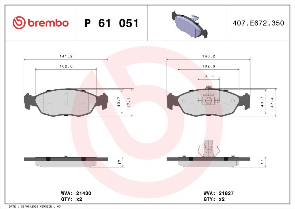 Jeu de 4 plaquettes de frein BREMBO ref. P 61 051