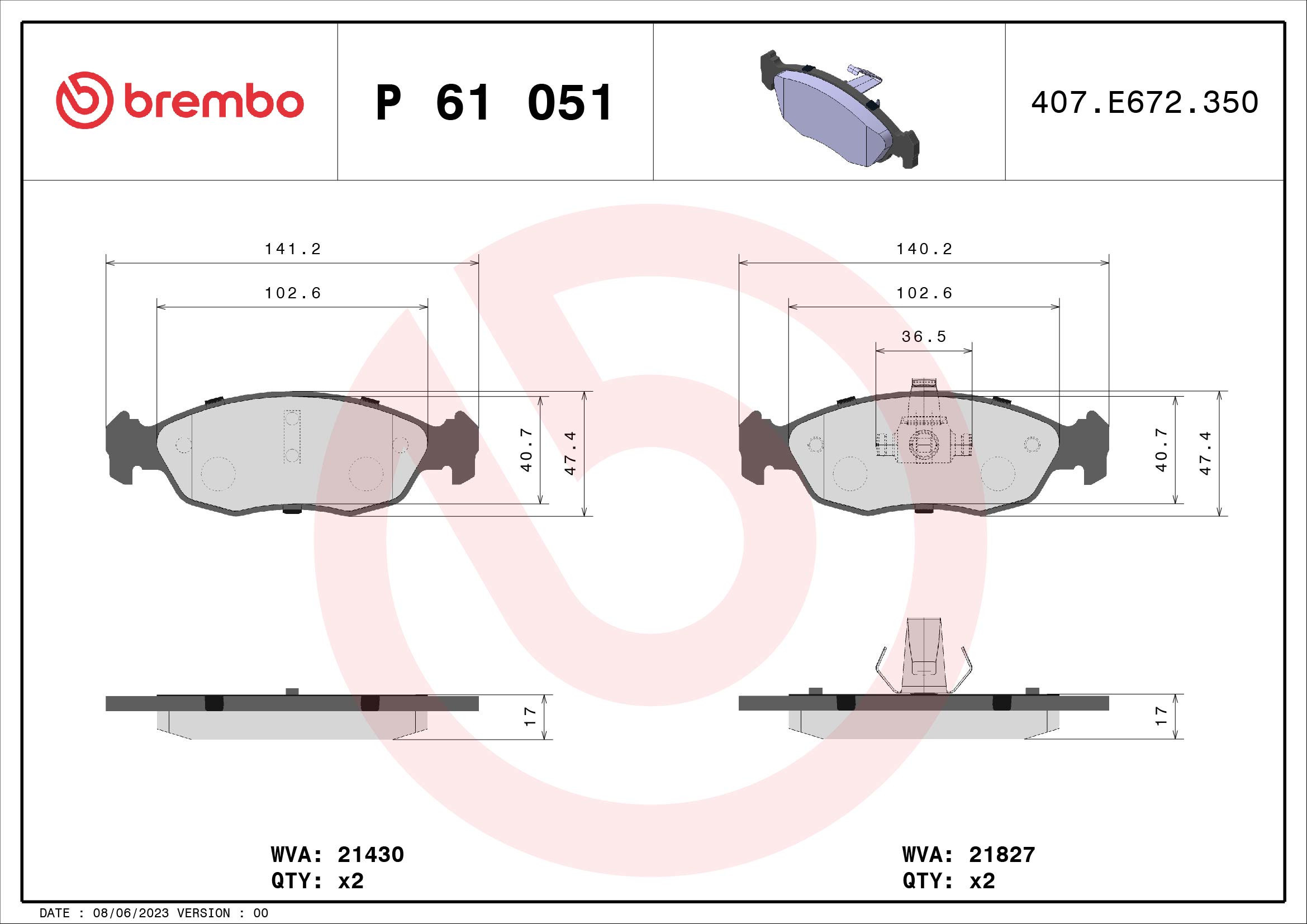 Jeu de 4 plaquettes de frein BREMBO ref. P 61 051