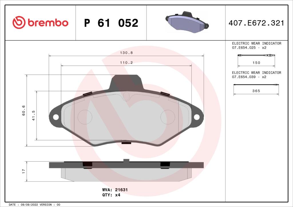 Jogo de 4 pastilhas de travão BREMBO ref. P 61 052