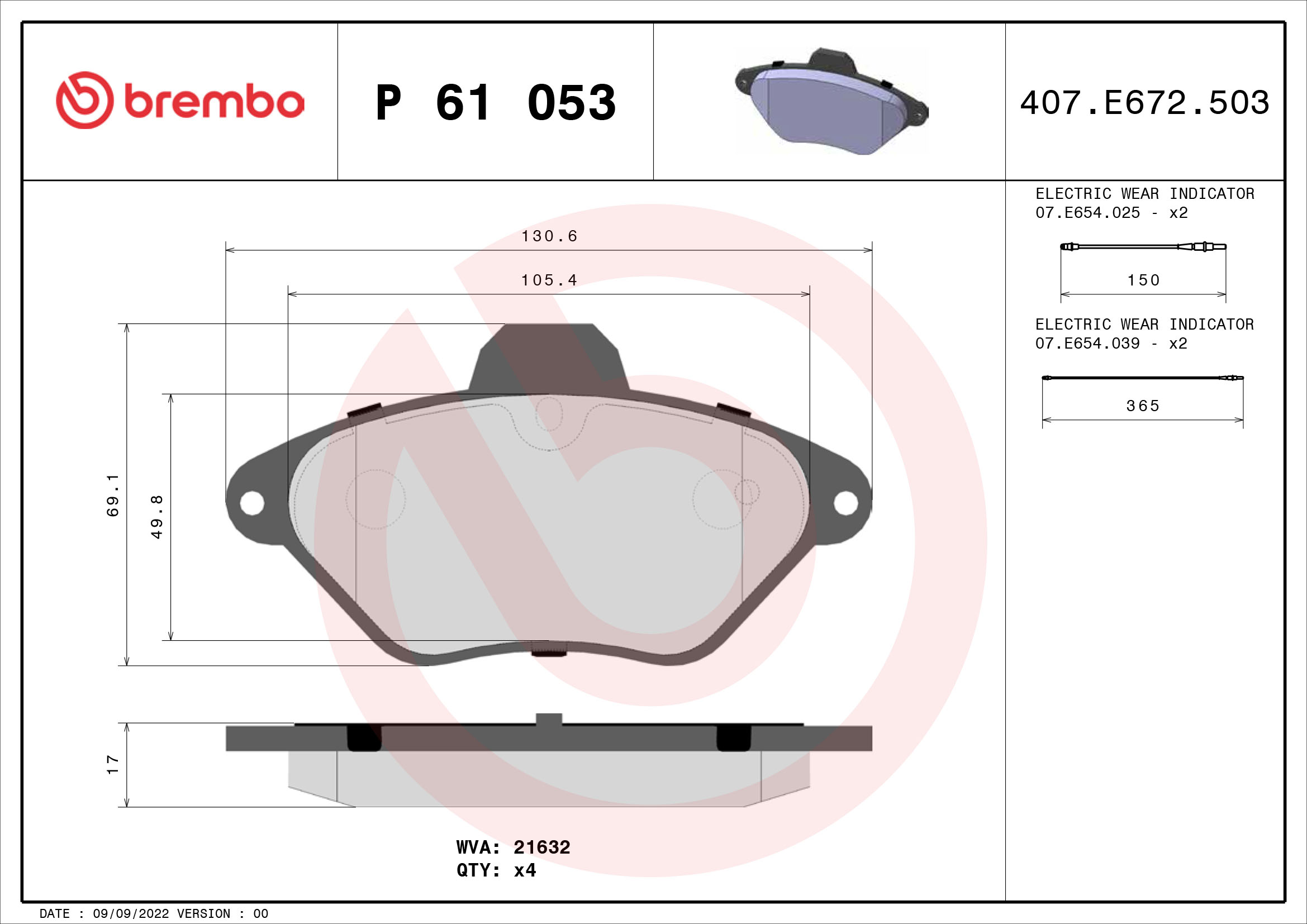 Jeu de 4 plaquettes de frein BREMBO ref. P 61 053