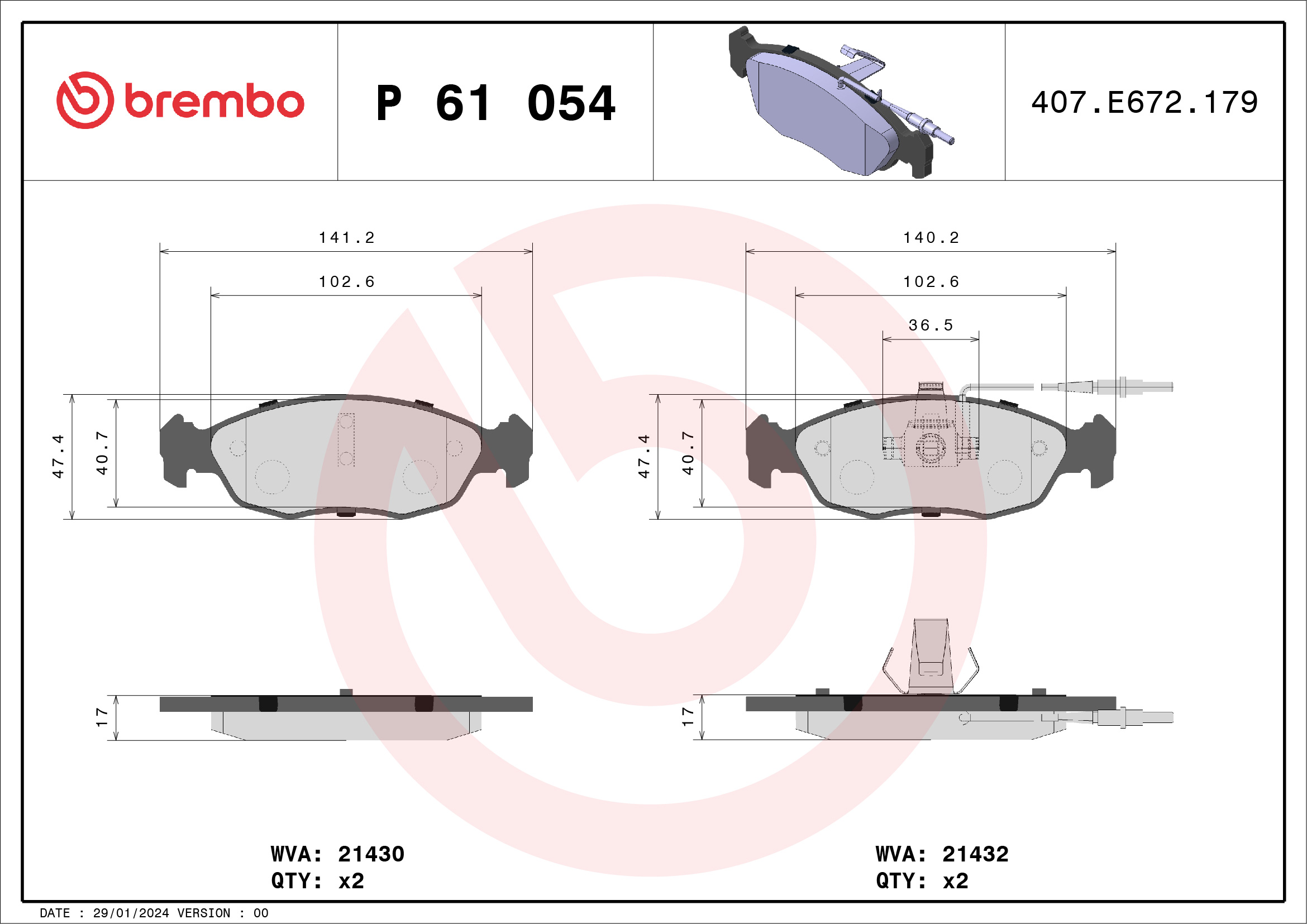 Jogo de 4 pastilhas de travão BREMBO ref. P 61 054