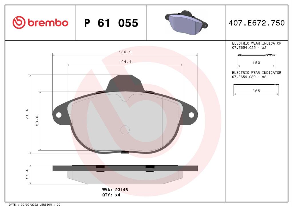 Jogo de 4 pastilhas de travão BREMBO ref. P 61 055